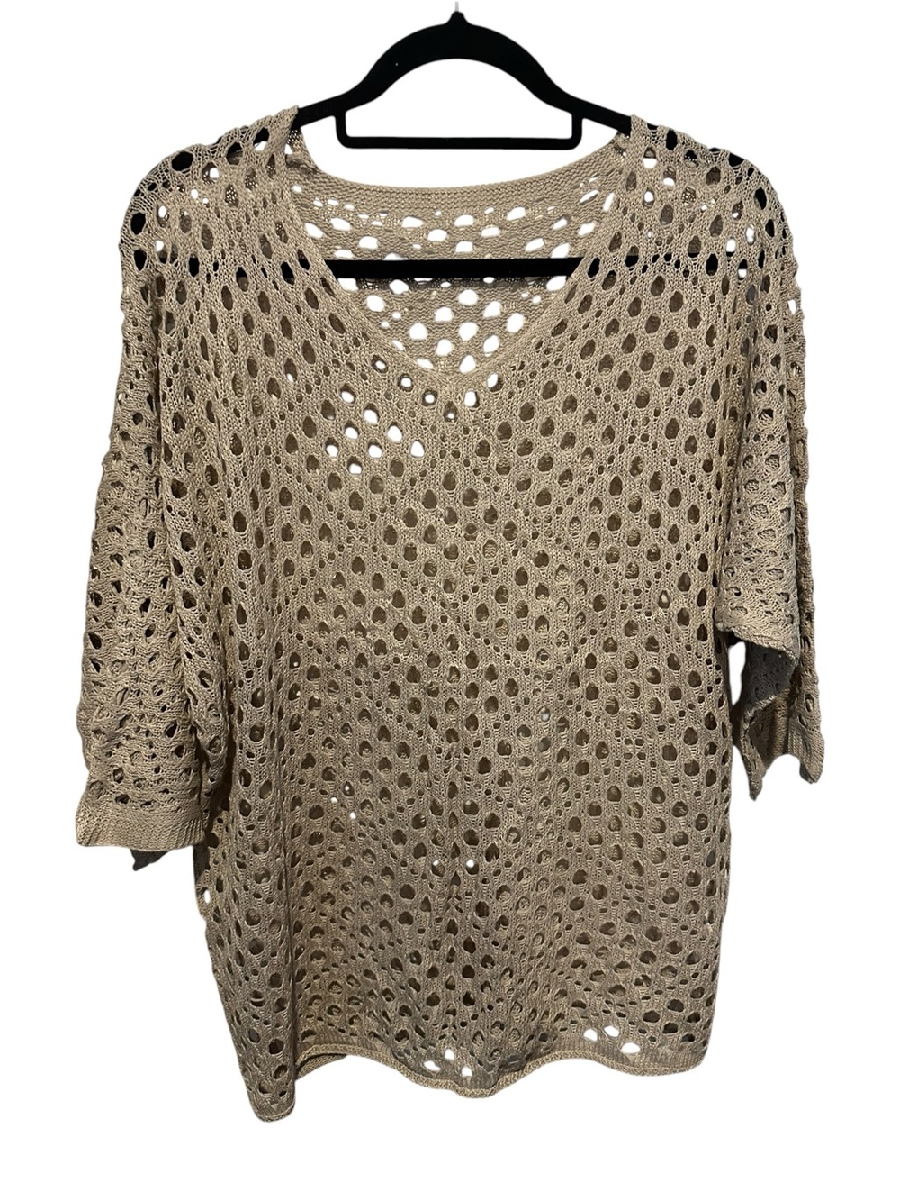 Crochet V-Neck Lightweight Sweater in Light Taupe